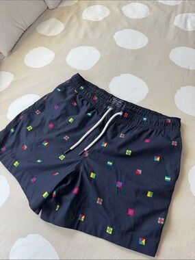 Abercrombie & Fitch Navy Swim Trunks with Multicolor Nautical Flags